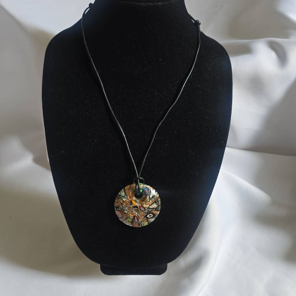 Vintage Dichroic Foiled Art Glass Multicolor Pendant Necklace, Adjustable Cord